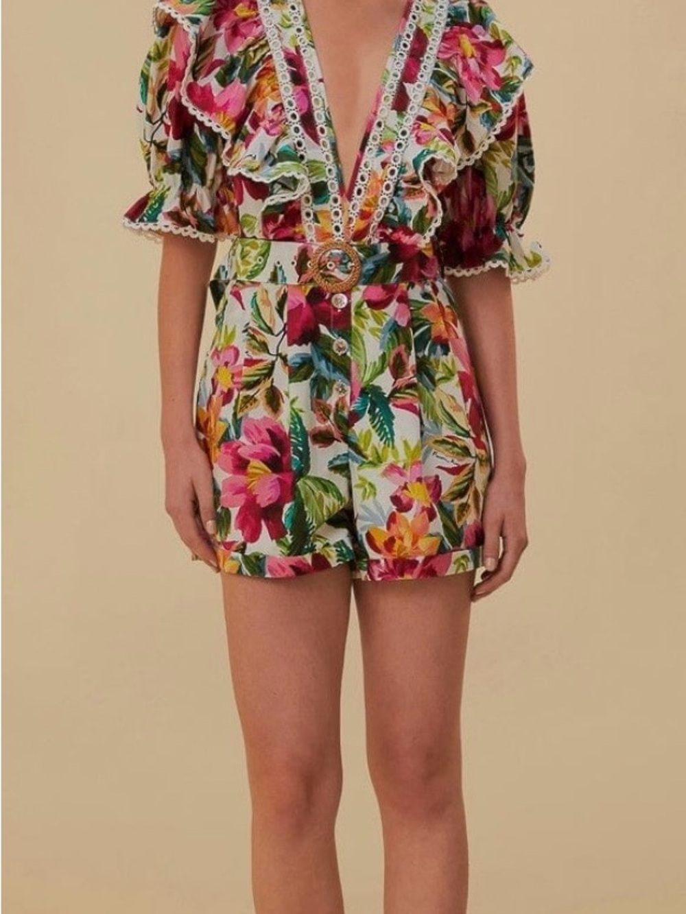 Farm Rio Off White Painted Flower Ruffle Romper in Multicolor